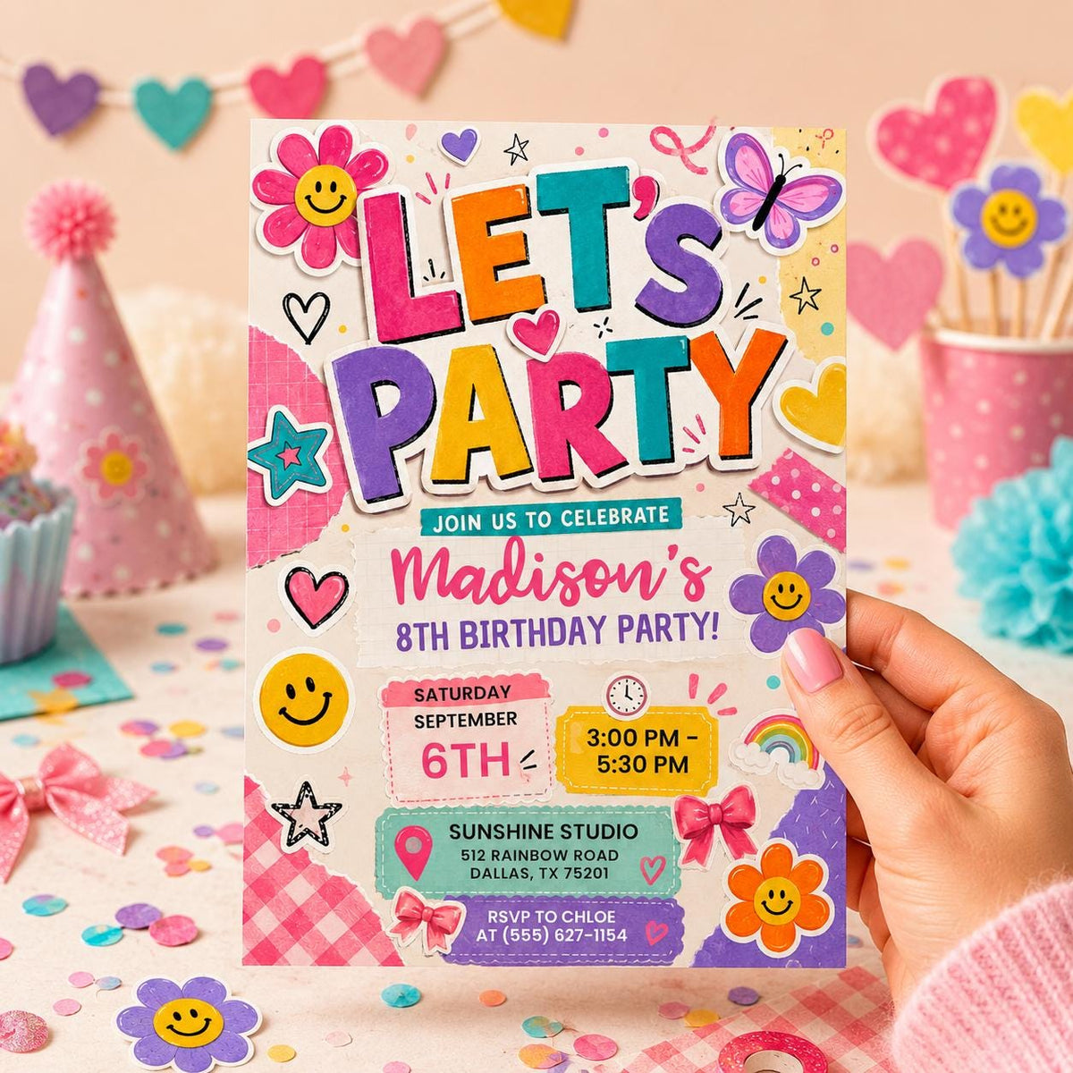 Retro Varsity Patch Smiley Birthday Invitation — daisy design