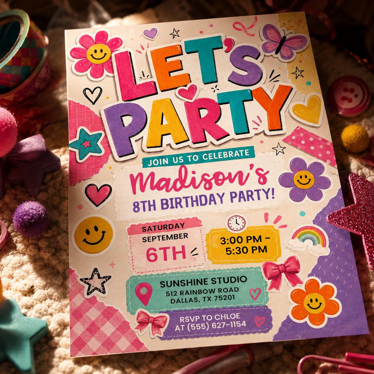 Retro Varsity Patch Smiley Birthday Invitation — floral birthday party design