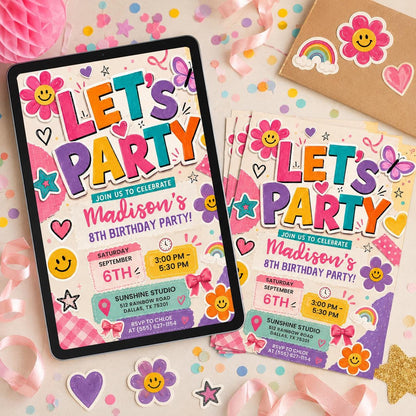 Retro Varsity Patch Smiley Birthday Invitation — daisy artwork in colorful