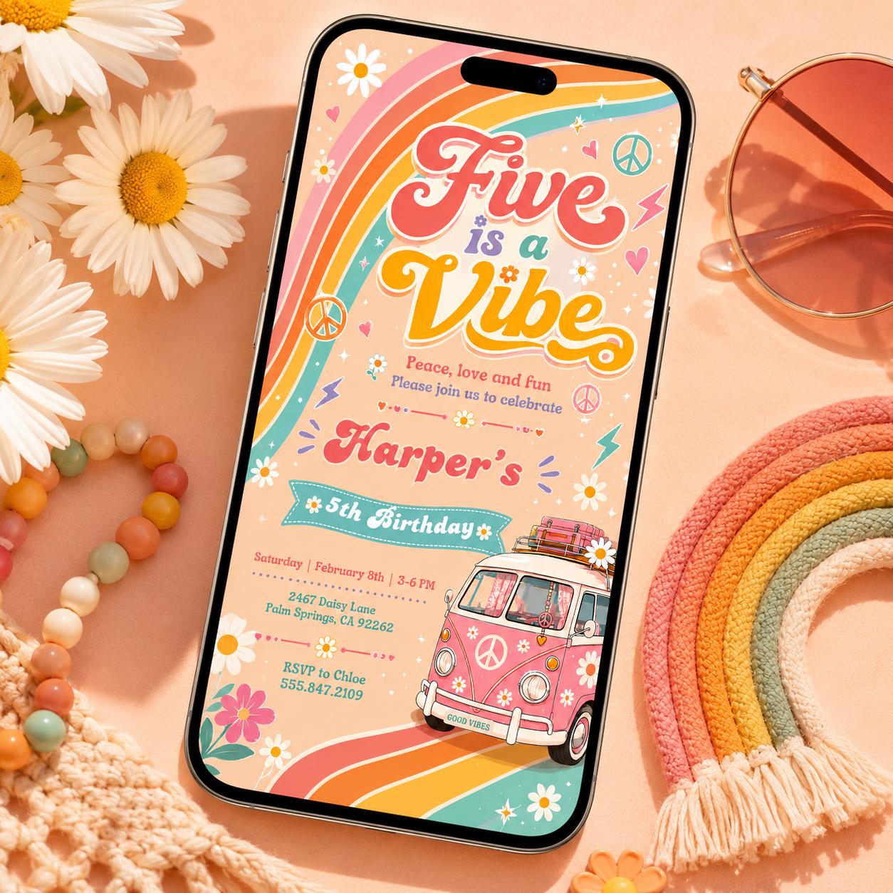 Editable Groovy 5th Birthday, Five is a Vibe Daisy Rainbow Hippie, Preppy 5th Birthday, Five is a Vibe Disco, Retro Rainbow Disco, Canva __etsy:8054889569