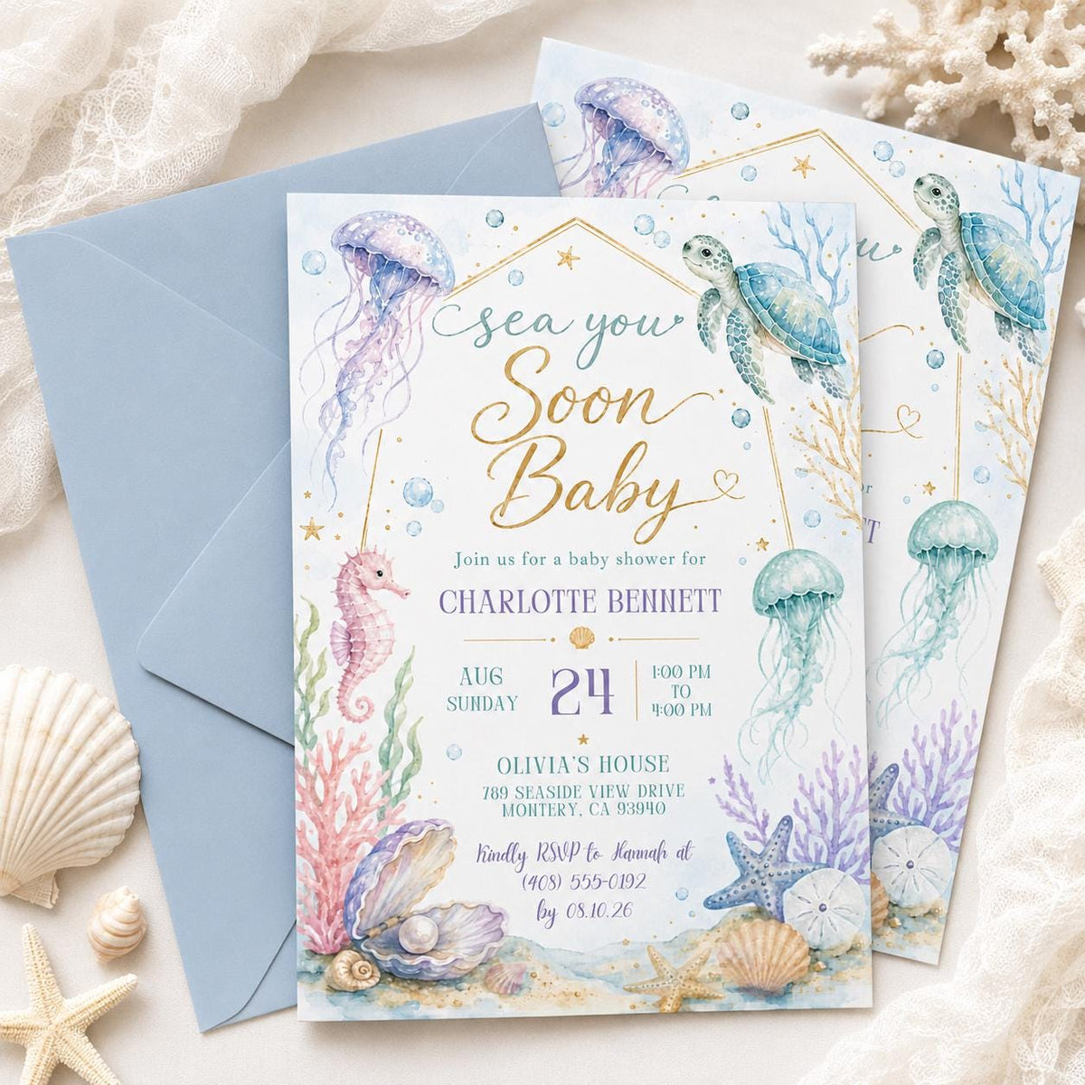 Blue and Gold Sea You Soon Baby Shower Invitation — digital invitation, instant download