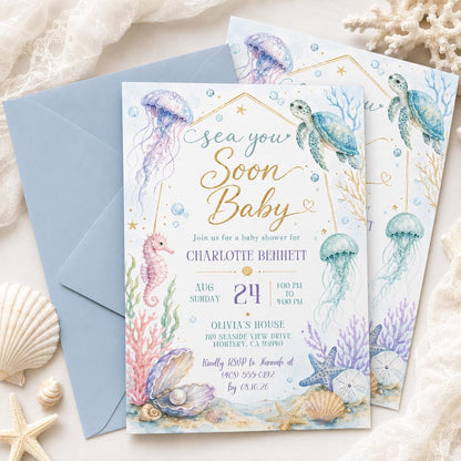 Blue and Gold Sea You Soon Baby Shower Invitation — digital invitation, instant download