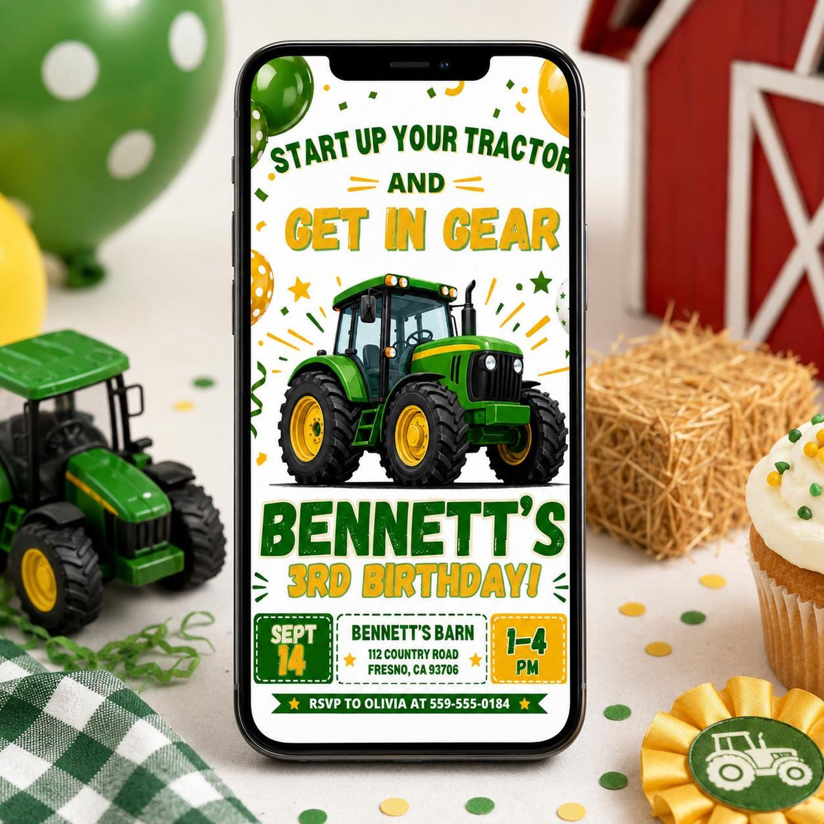 Get in Gear Tractor 3rd Birthday Invitation — invitation you personalize in Canva