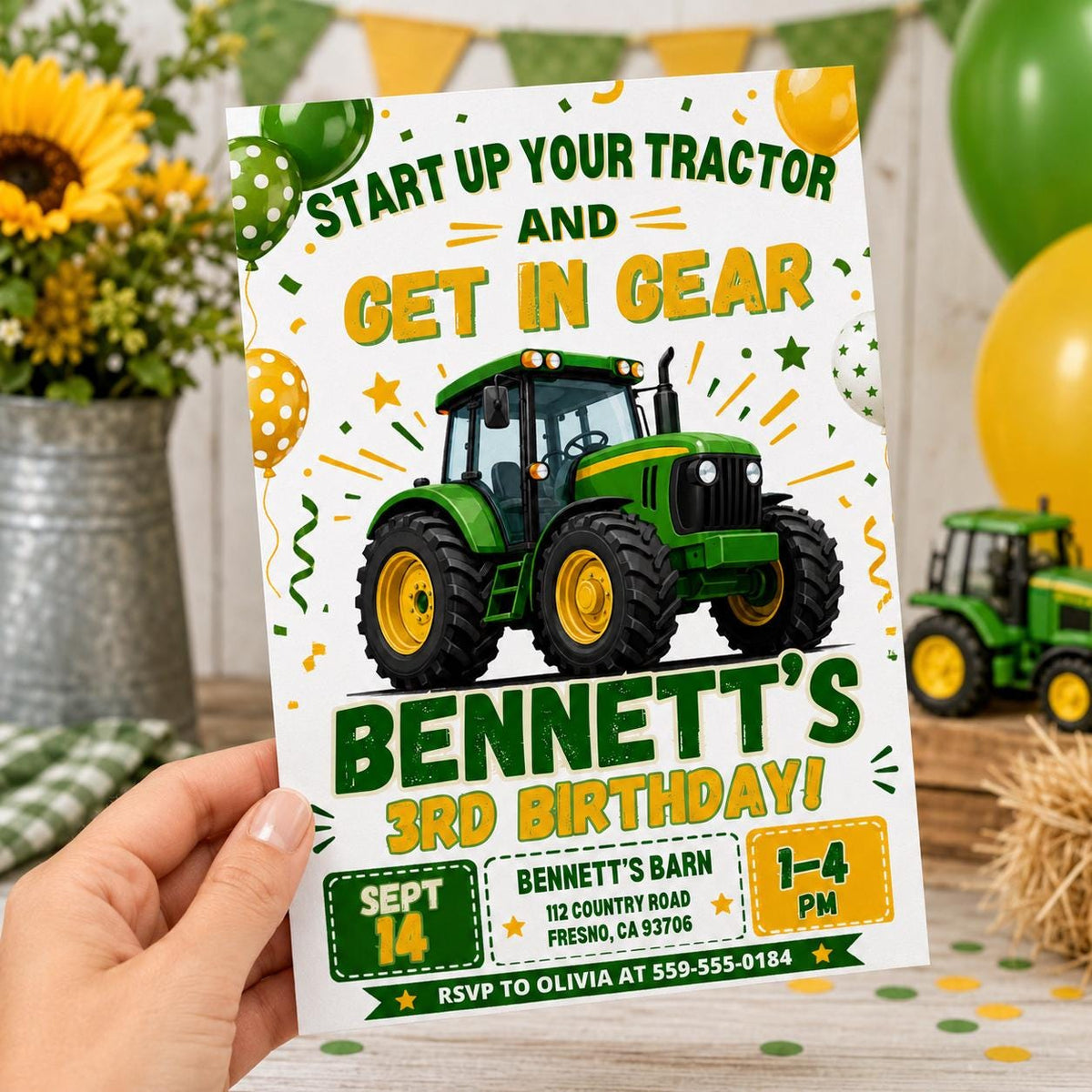 Get in Gear Tractor 3rd Birthday Invitation — print-ready 3rd birthday party design from VoltBy