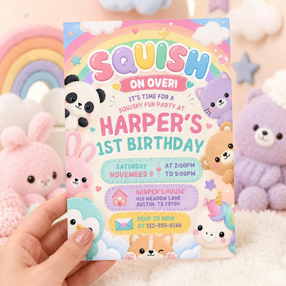 Squishy Fun 1st Birthday Invitation Template, girl birthday invite, squish invitation, squishmallow invite, squishy party, Canva Template __etsy:8054940287