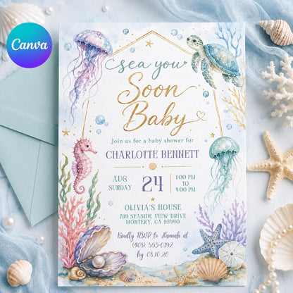 Blue and Gold Sea You Soon Baby Shower Invitation — editable Canva template
