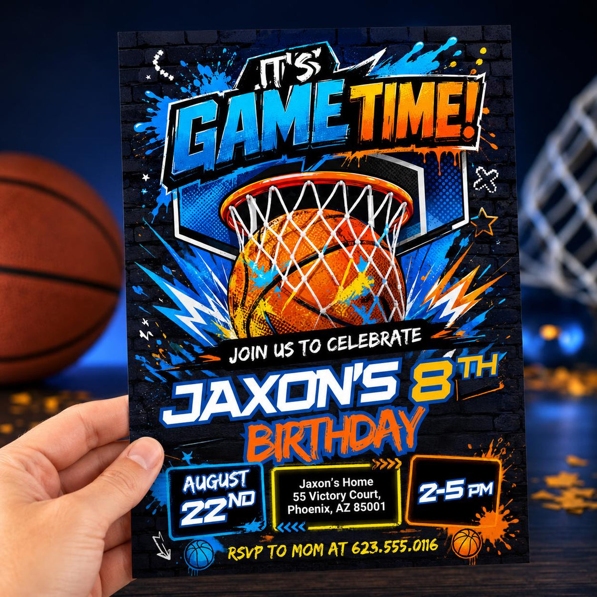 Blue and Orange Basketball 8th Birthday Invitation — digital invitation, instant download