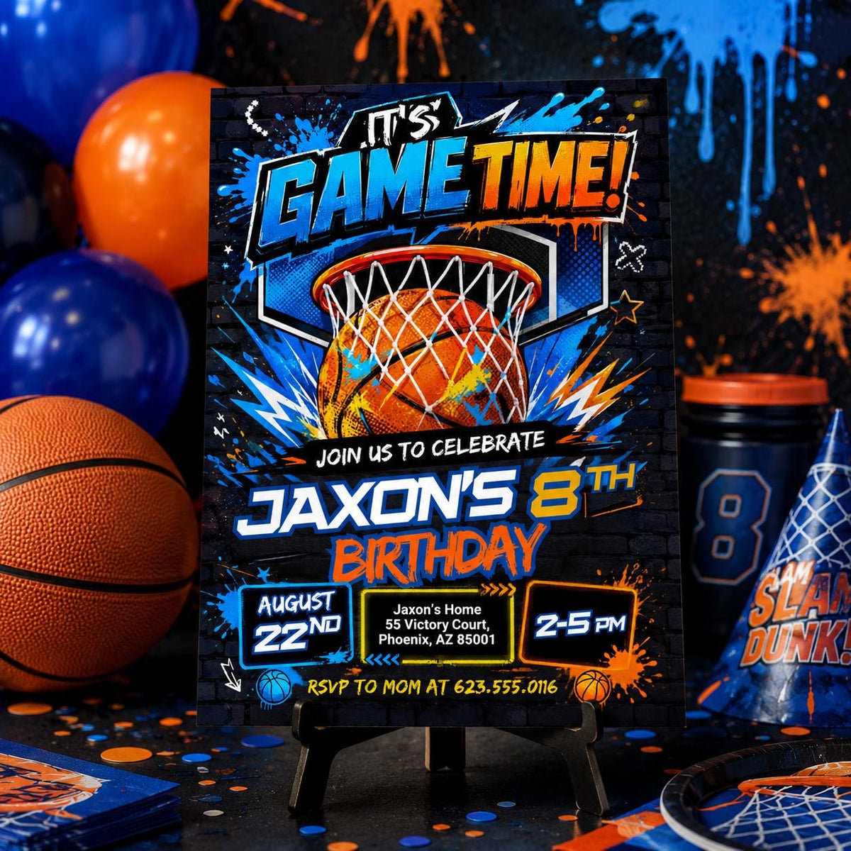 Blue and Orange Basketball 8th Birthday Invitation — invitation you personalize in Canva