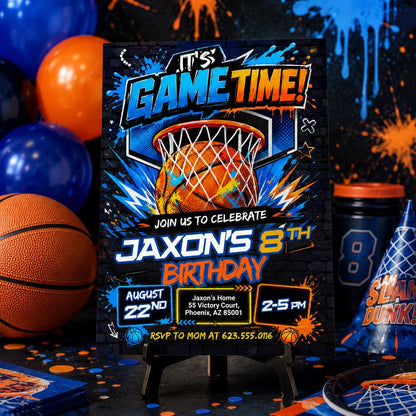 Blue and Orange Basketball 8th Birthday Invitation — invitation you personalize in Canva