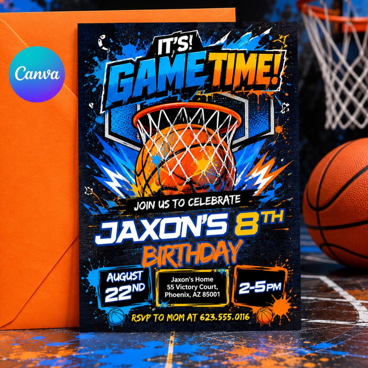 Blue and Orange Basketball 8th Birthday Invitation — editable Canva template