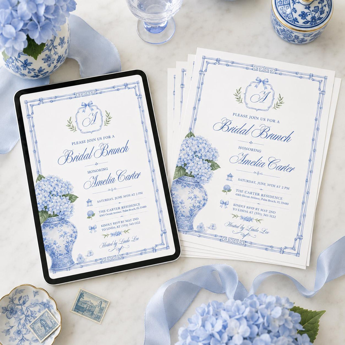 Blue Hydrangea Bridal Brunch Invitation — monogram design