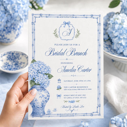 Blue Hydrangea Bridal Brunch Invitation — print-ready bridal shower design from VoltBy