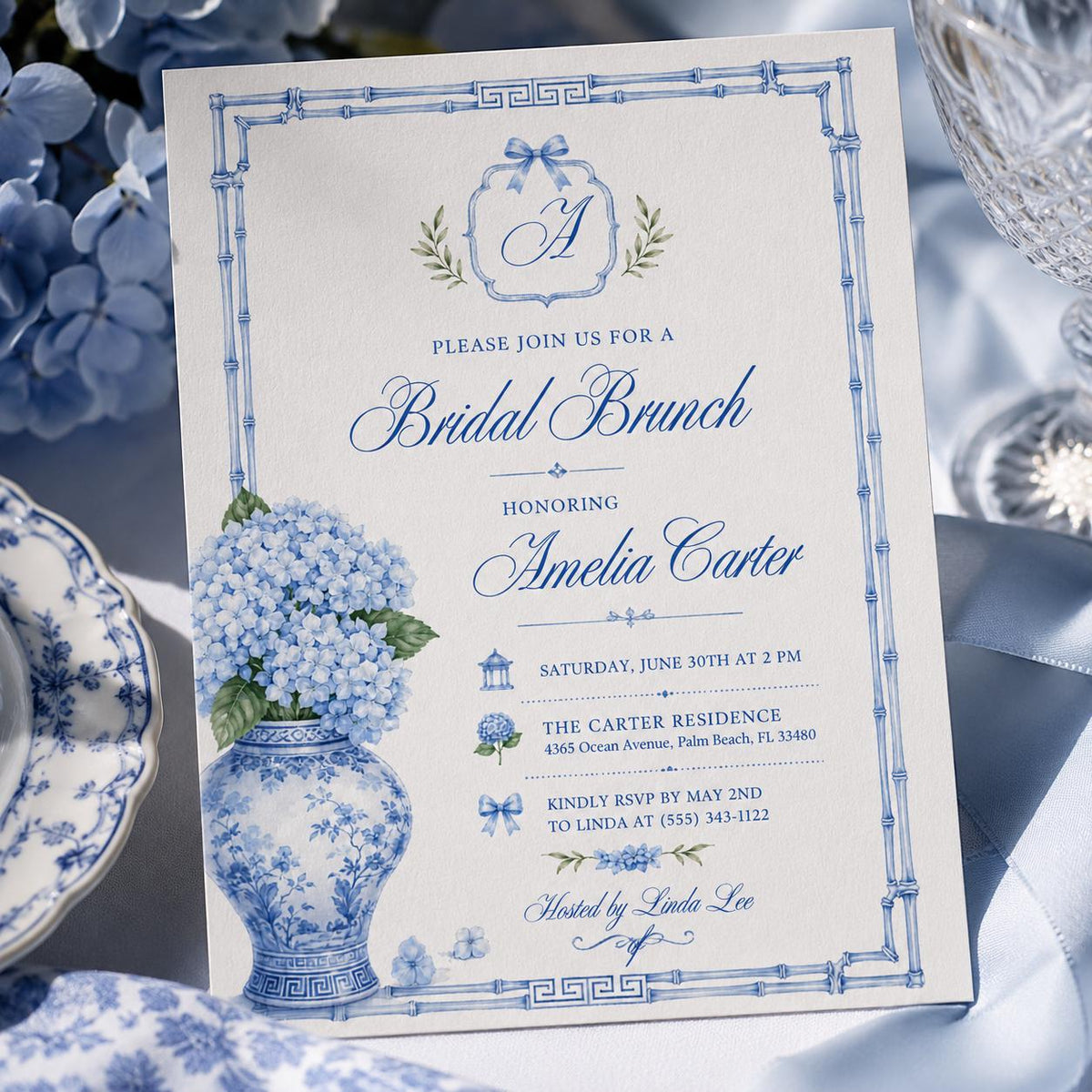 Blue Hydrangea Bridal Brunch Invitation — monogram artwork in white