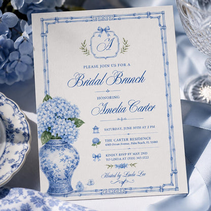 Blue Hydrangea Bridal Brunch Invitation — monogram artwork in white