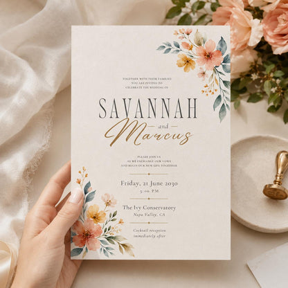 Peach Corner Florals Wedding Invitation — digital invitation, instant download