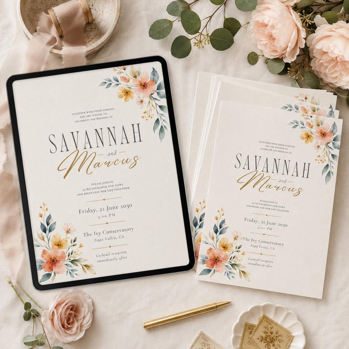 Peach Corner Florals Wedding Invitation — print-ready wedding design from VoltBy