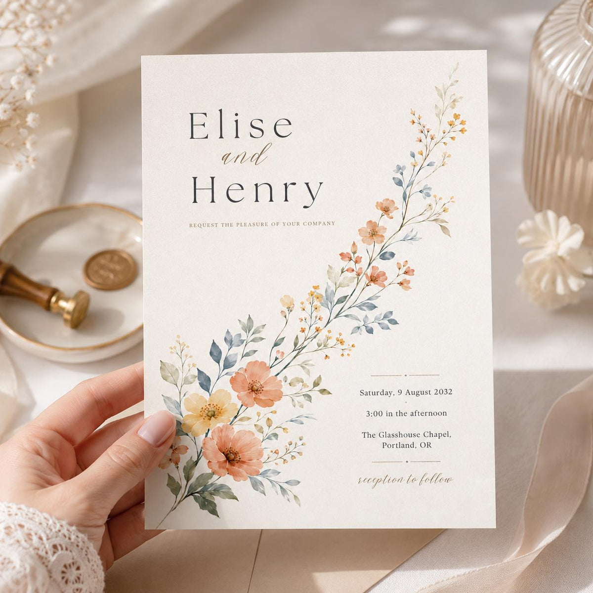 Diagonal Watercolor Wildflower Wedding Invitation — invitation you personalize in Canva
