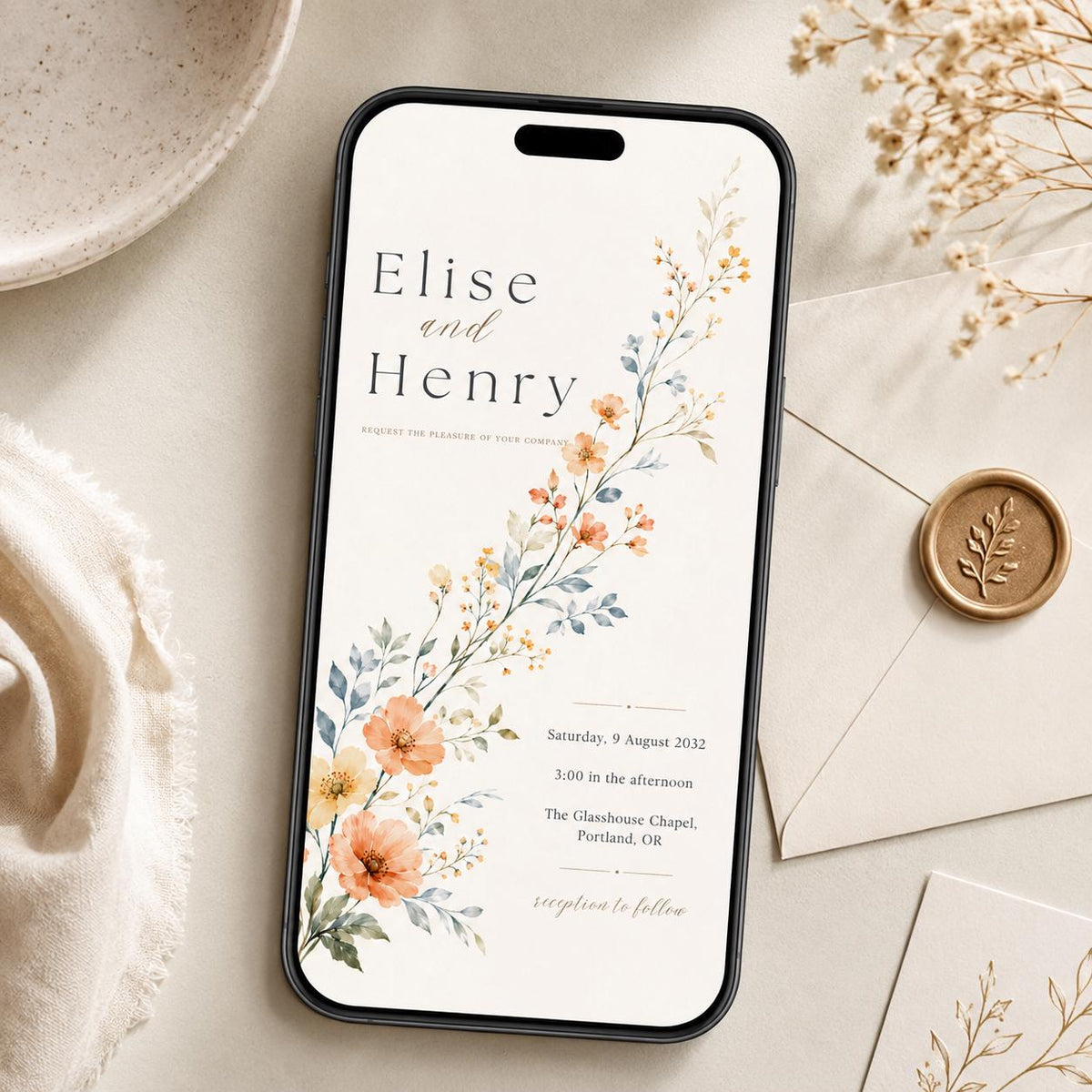 Diagonal Watercolor Wildflower Wedding Invitation — floral wedding design