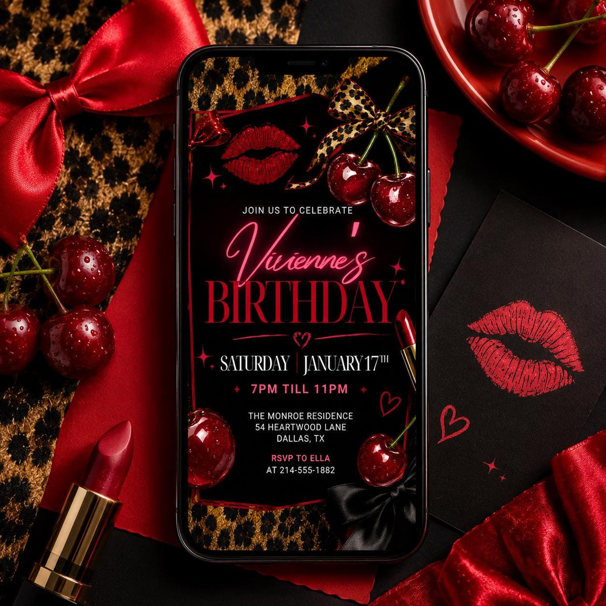 Black Coquette Cheetah Print Birthday Invitation: Let’s Get Wild Birthday — invitation you personalize in Canva