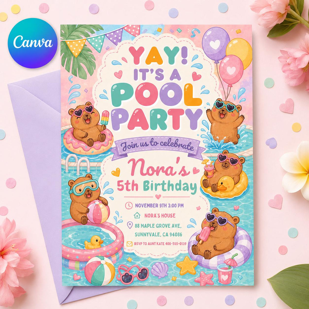 Pastel Capybara Pool Party 5th Birthday Invitation — editable Canva template