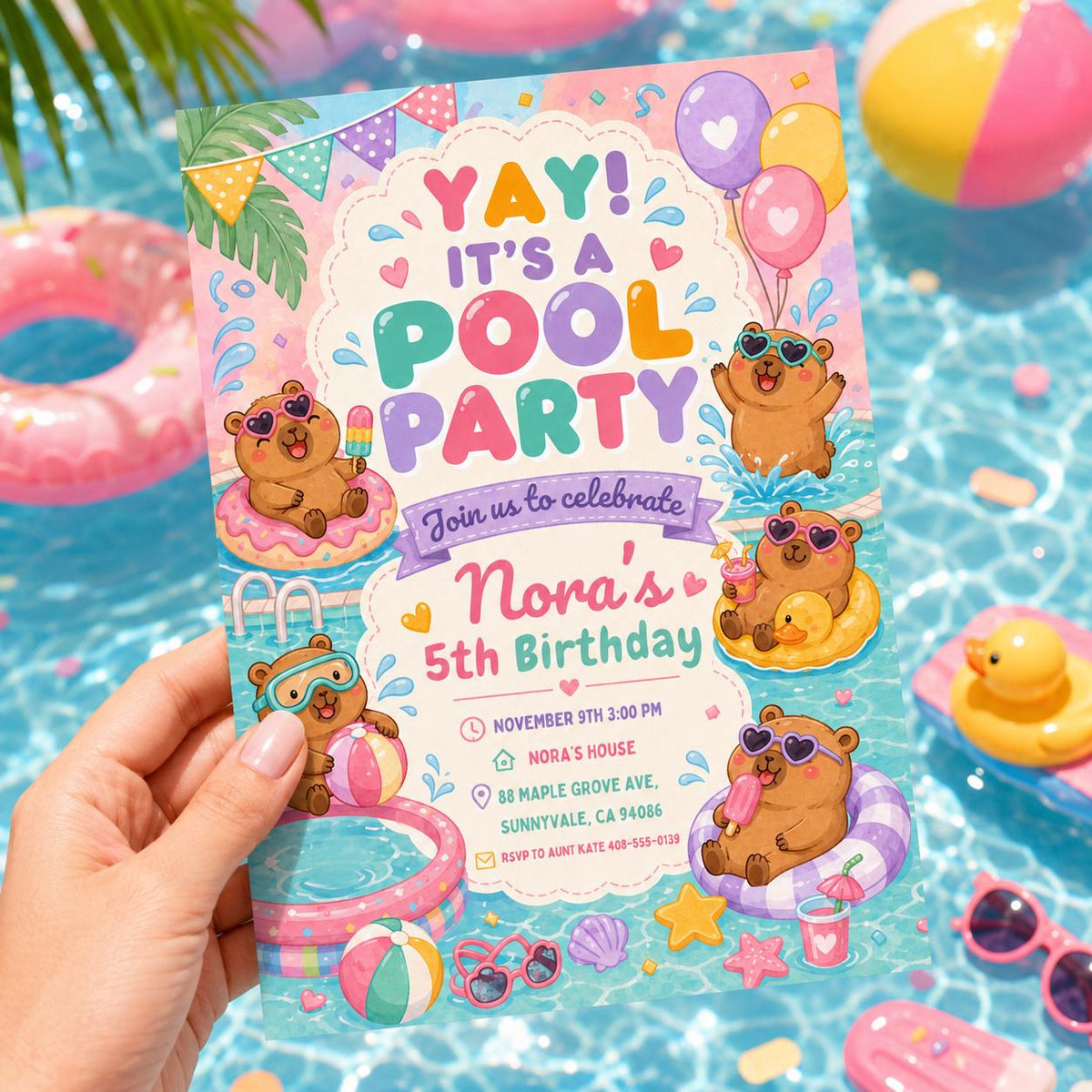 Pastel Capybara Pool Party 5th Birthday Invitation — digital invitation, instant download