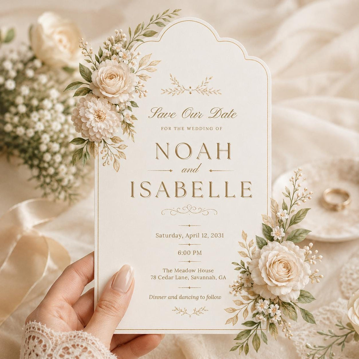 Ivory Floral Arch Wedding Save the Date — rose design
