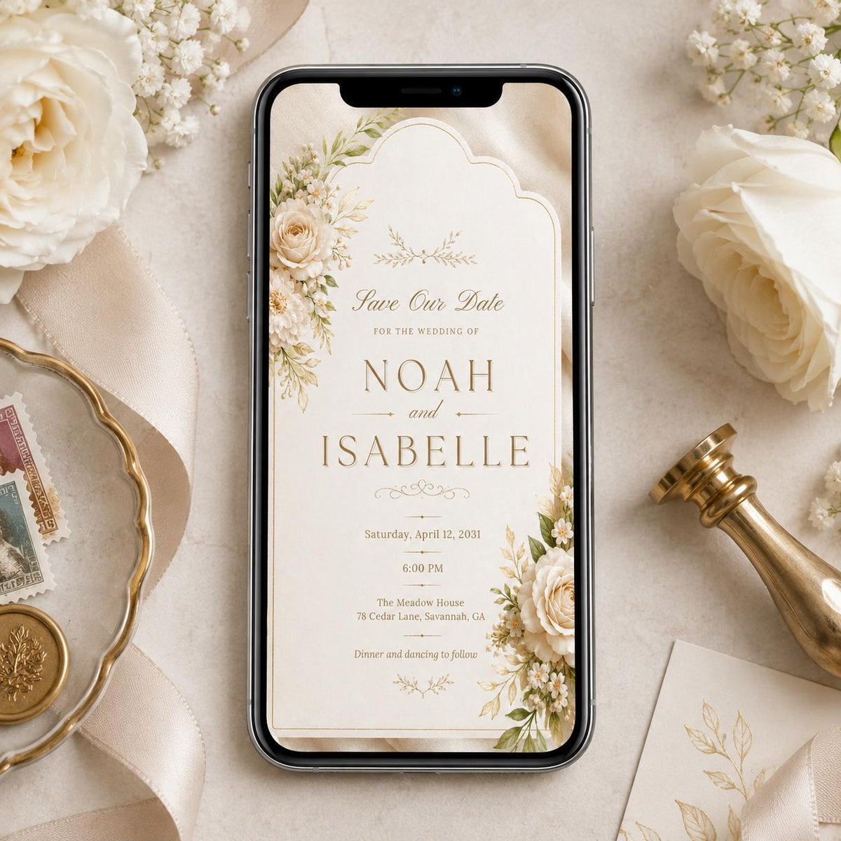 Ivory Floral Arch Wedding Save the Date — announcement card you personalize in Canva
