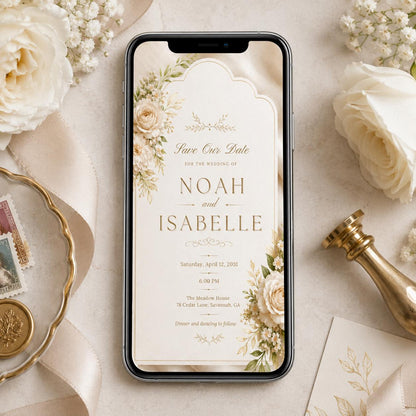 Ivory Floral Arch Wedding Save the Date — announcement card you personalize in Canva