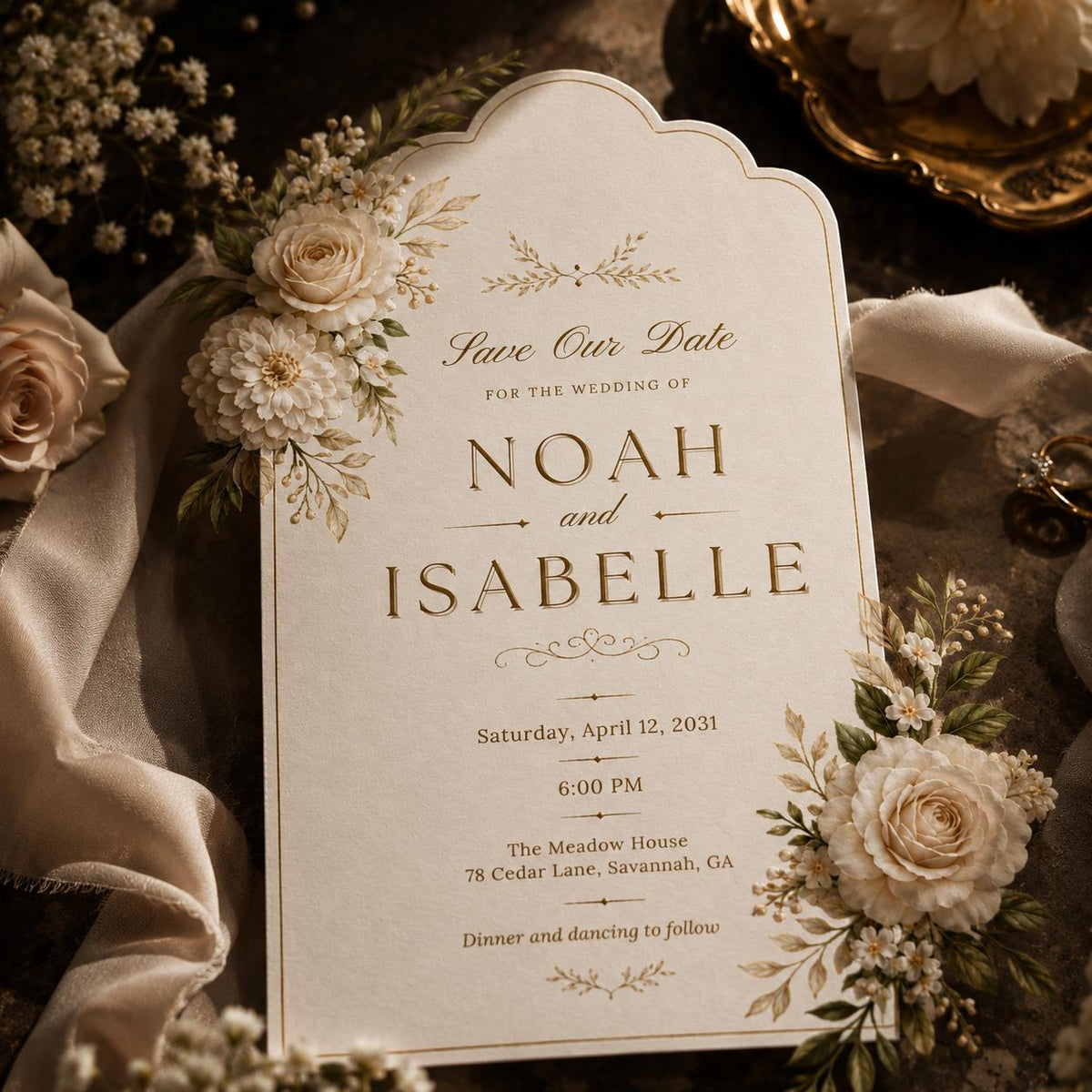 Ivory Floral Arch Wedding Save the Date — rose artwork in gold and green