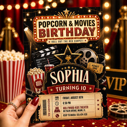 Popcorn and Movies 10th Birthday Invitation — movie design