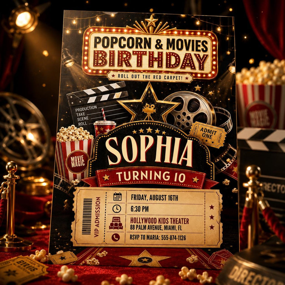 Popcorn and Movies 10th Birthday Invitation — vintage 10th birthday party design