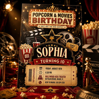 Popcorn and Movies 10th Birthday Invitation — vintage 10th birthday party design