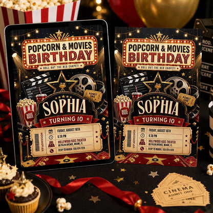 Popcorn and Movies 10th Birthday Invitation — movie artwork in black gold