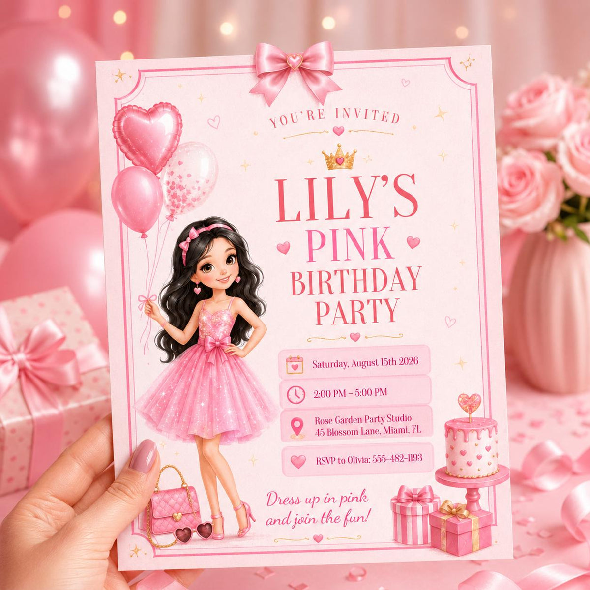 Pink Birthday Party Invitation with Doll and Heart Balloons — balloon cake design
