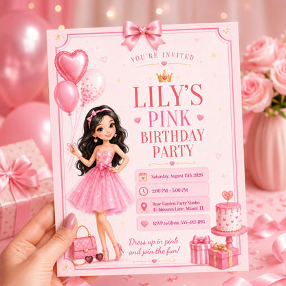 Pink Birthday Party Invitation with Doll and Heart Balloons — balloon cake design