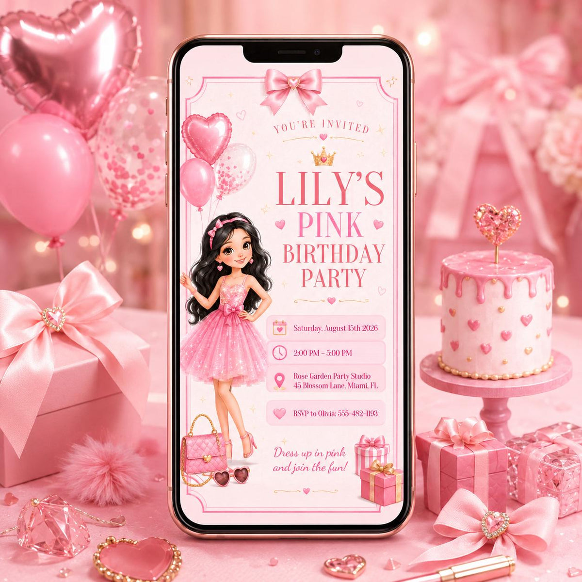 Pink Birthday Party Invitation with Doll and Heart Balloons — invitation you personalize in Canva