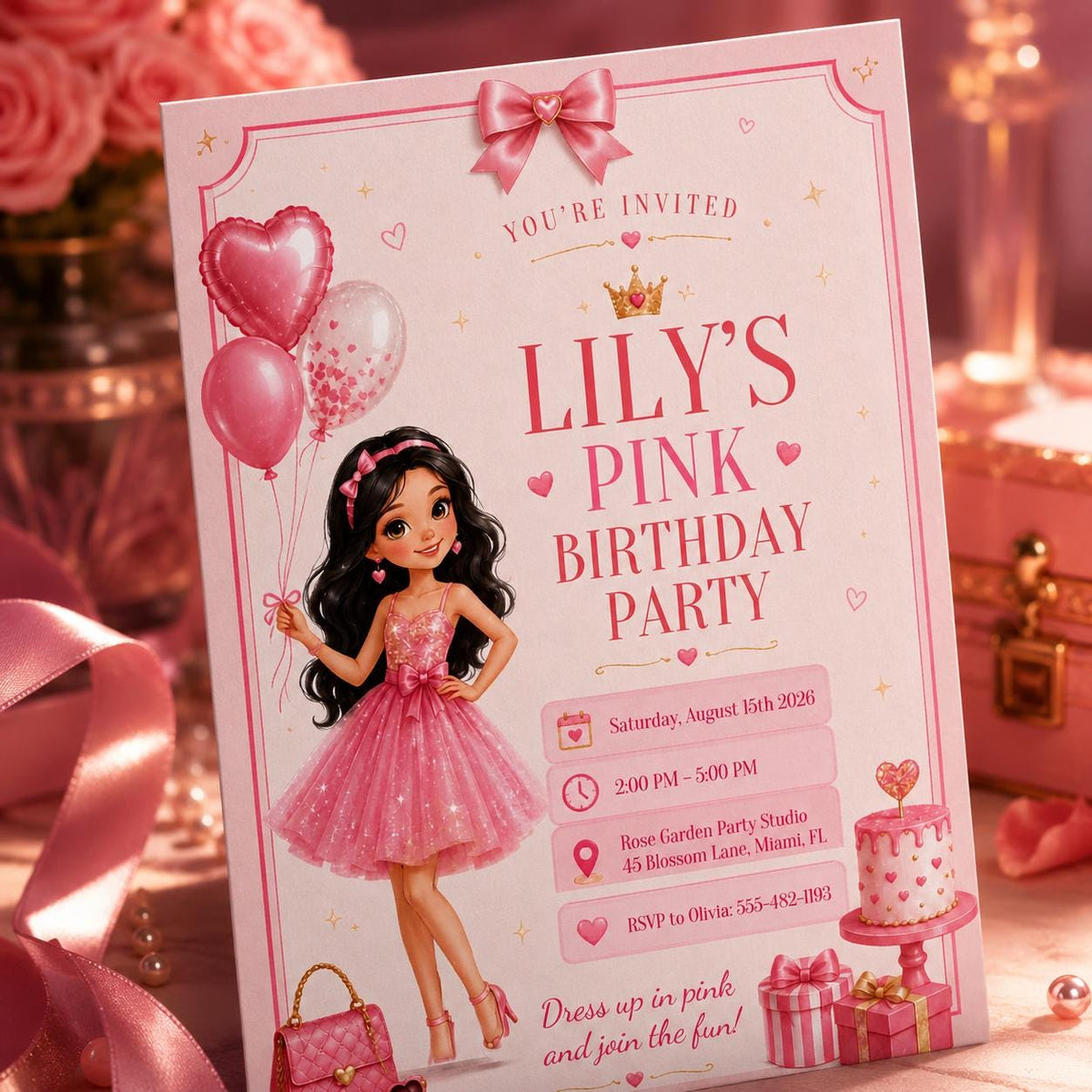 Pink Birthday Party Invitation with Doll and Heart Balloons — balloon cake artwork in white