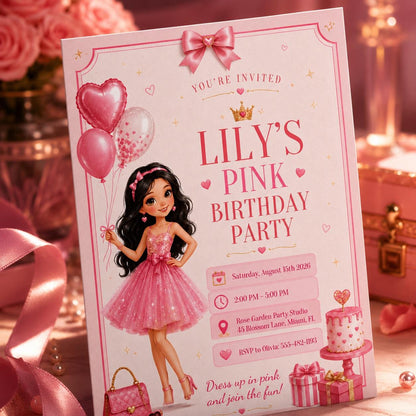Pink Birthday Party Invitation with Doll and Heart Balloons — balloon cake artwork in white