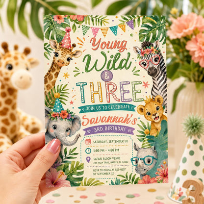 Young Wild Three Safari Birthday, Three Years Old Safari Birthday Safari Invitation Wild Child Birthday Girl,  Canva invite __etsy:8056124834