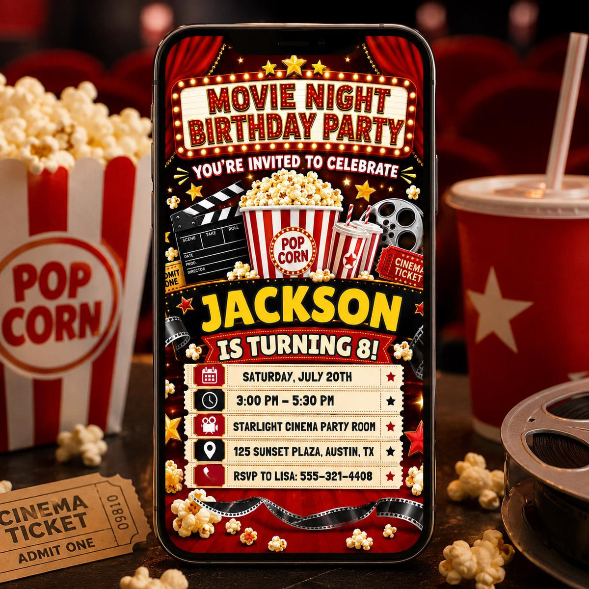 Movie Night 8th Birthday Invitation with Red Theater Curtains — digital invitation, instant download