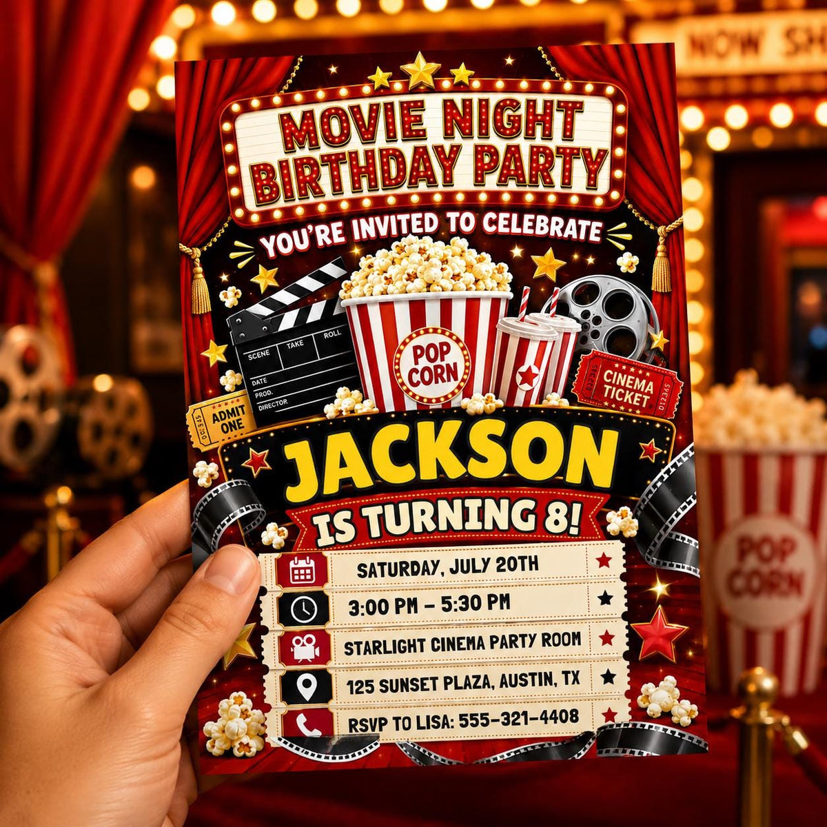 Movie Night 8th Birthday Invitation with Red Theater Curtains — 8th birthday party stationery by VoltBy