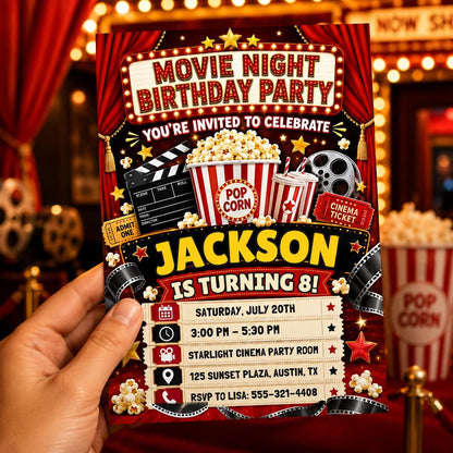 Movie Night 8th Birthday Invitation with Red Theater Curtains — 8th birthday party stationery by VoltBy