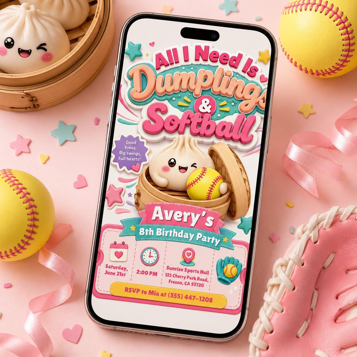Dumplings & Softball Invitation Glitter Dumpling Birthday, Cute Kawaii Kids Invite , Little Dumplin’ Birthday Invitation, Canva Template __etsy:8056267832