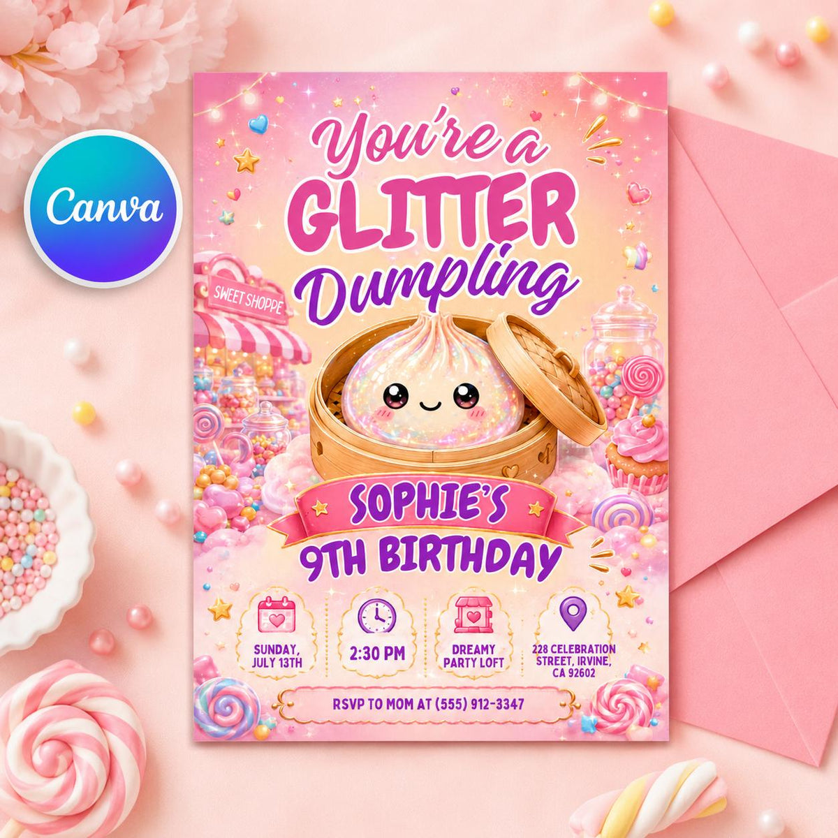 Glitter Dumpling 9th Birthday Invitation — editable Canva template