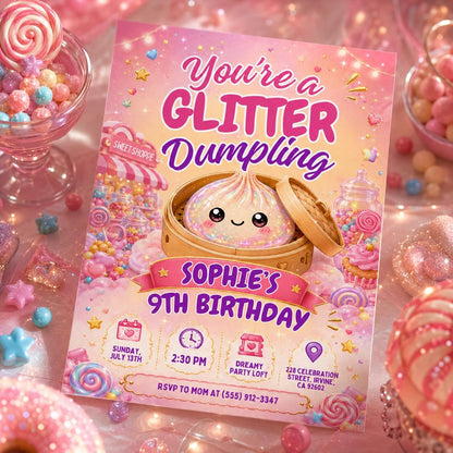 Glitter Dumpling 9th Birthday Invitation — invitation you personalize in Canva