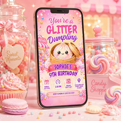 Glitter Dumpling 9th Birthday Invitation — candy and sparkle artwork in gold and pink
