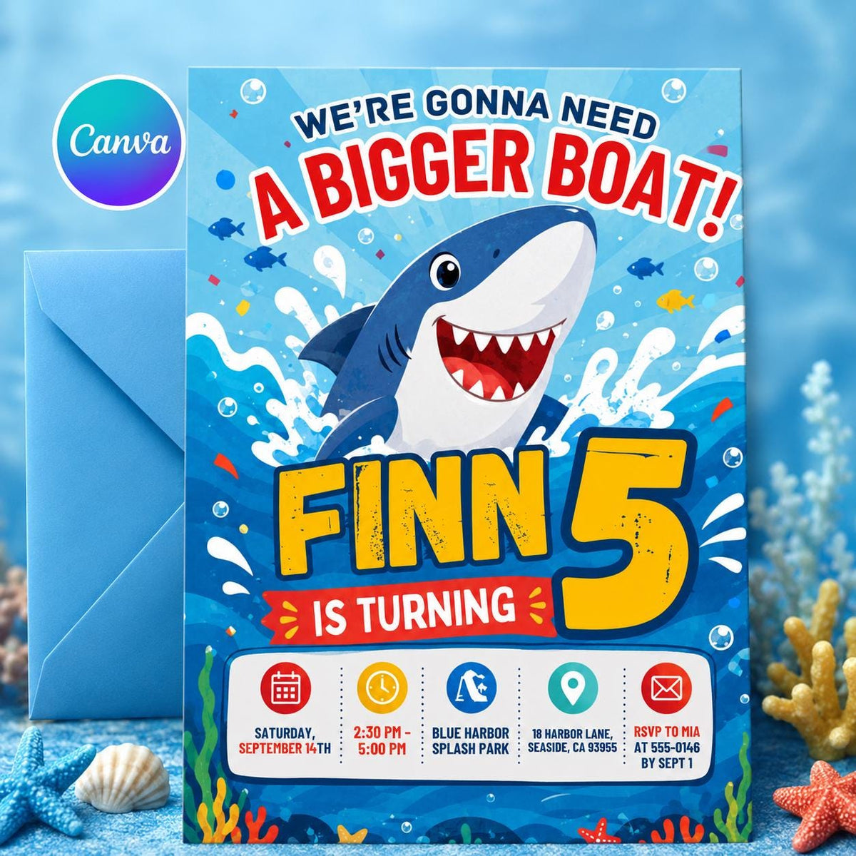 Blue Shark 5th Birthday Invitation with Ocean Waves — editable Canva template
