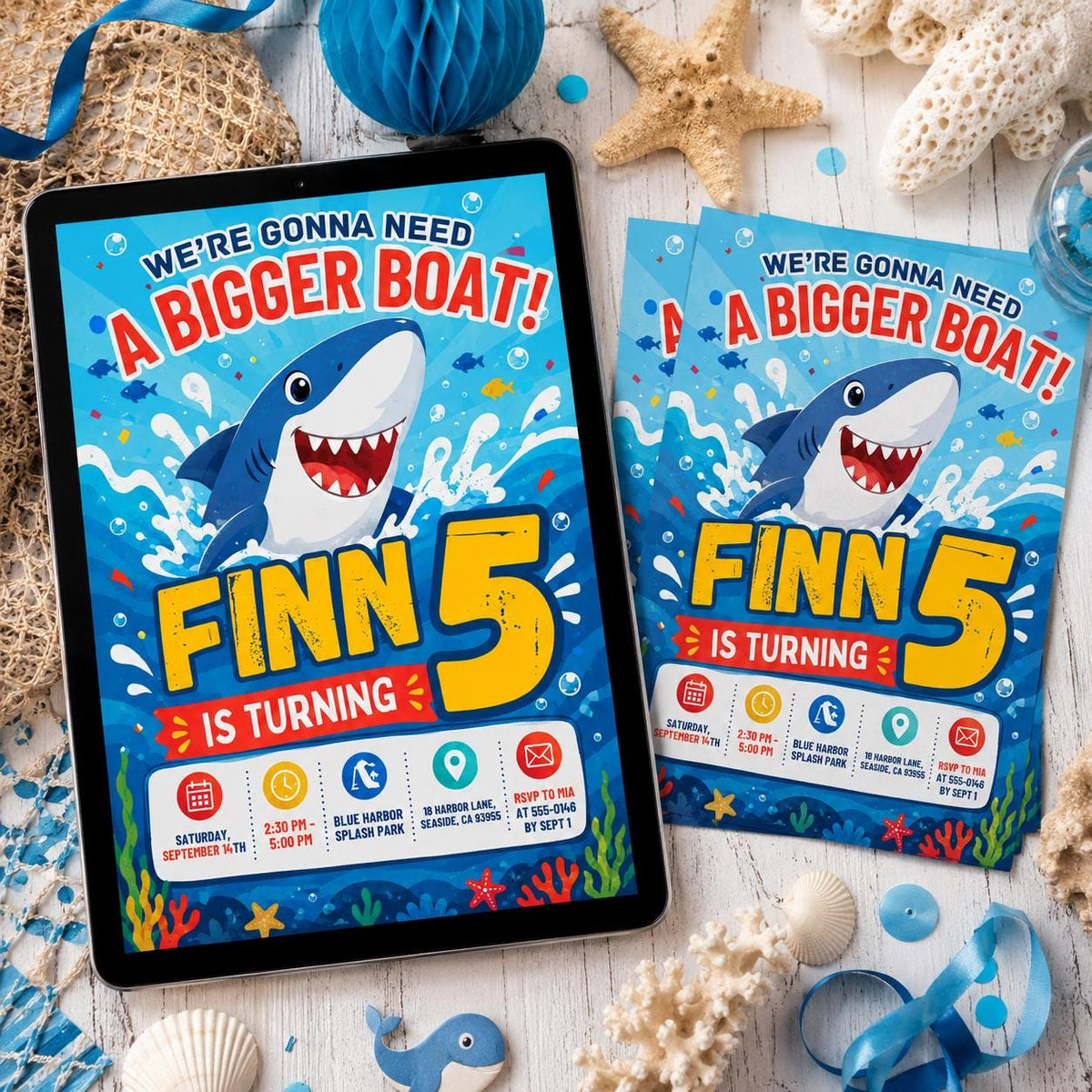 Blue Shark 5th Birthday Invitation with Ocean Waves — invitation you personalize in Canva
