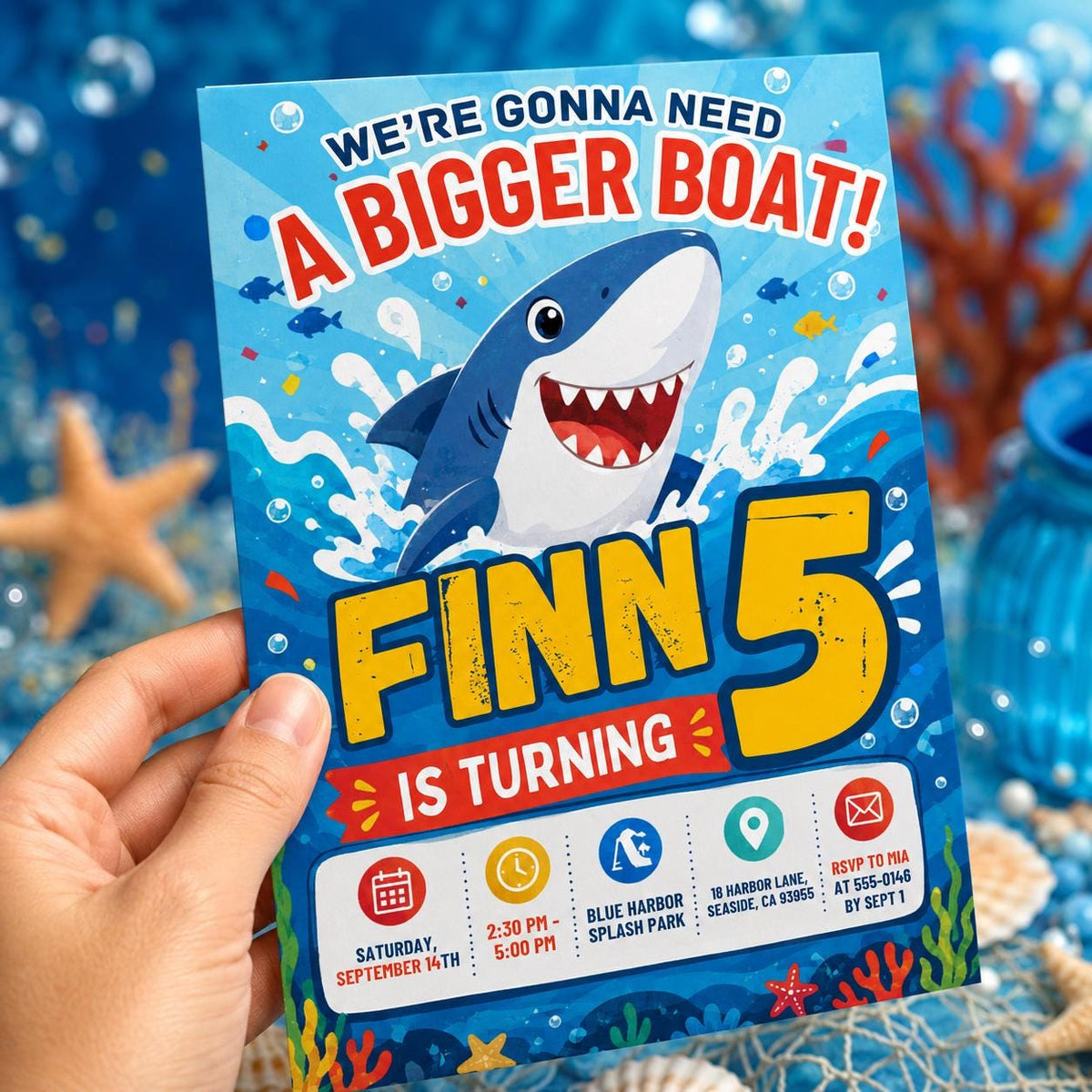 Blue Shark 5th Birthday Invitation with Ocean Waves — 5th birthday party stationery by VoltBy