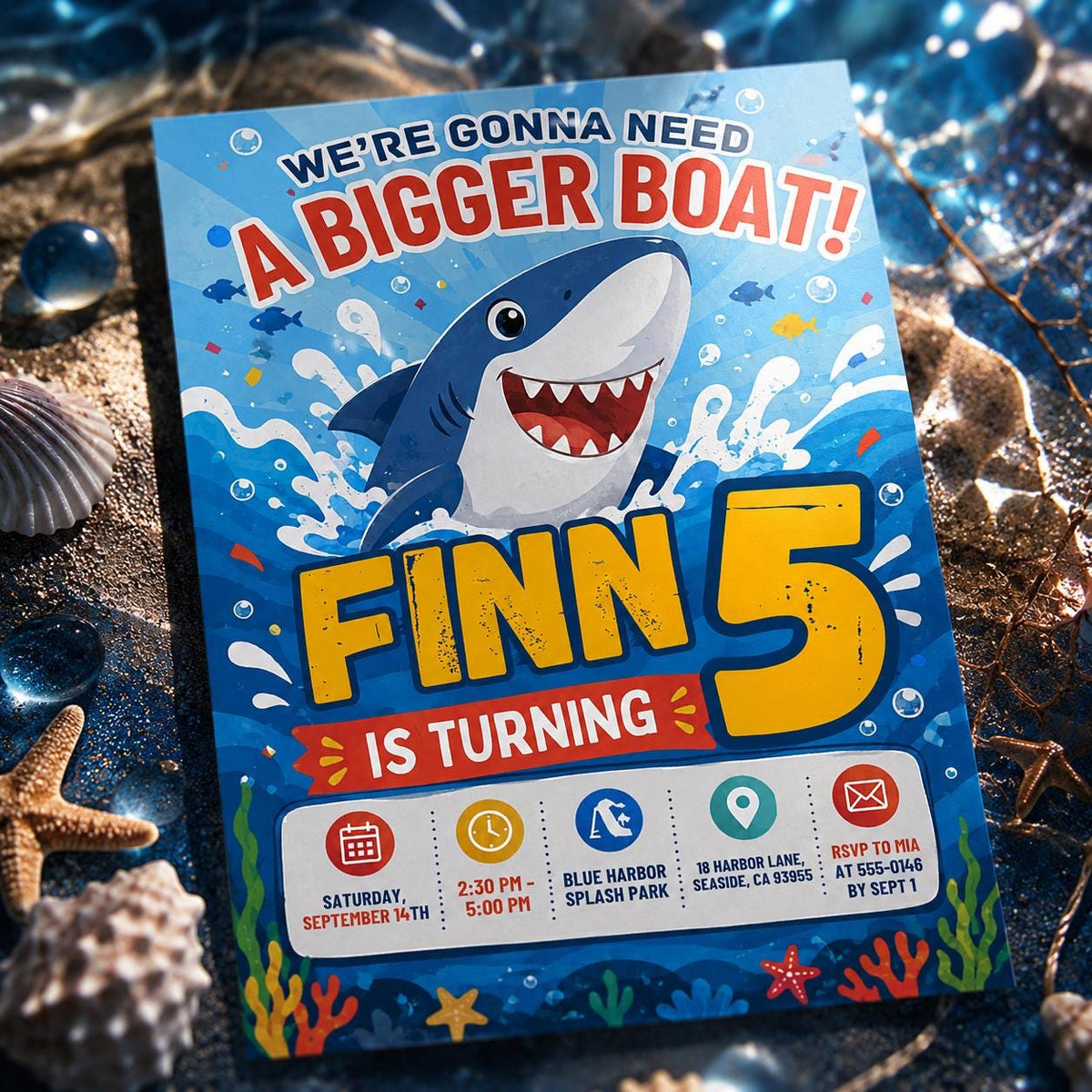 Blue Shark 5th Birthday Invitation with Ocean Waves — print-ready 5th birthday party design from VoltBy